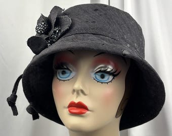 Black Denim Cloche Hat, Handmade Rose Trim, Designer Bucket Hat