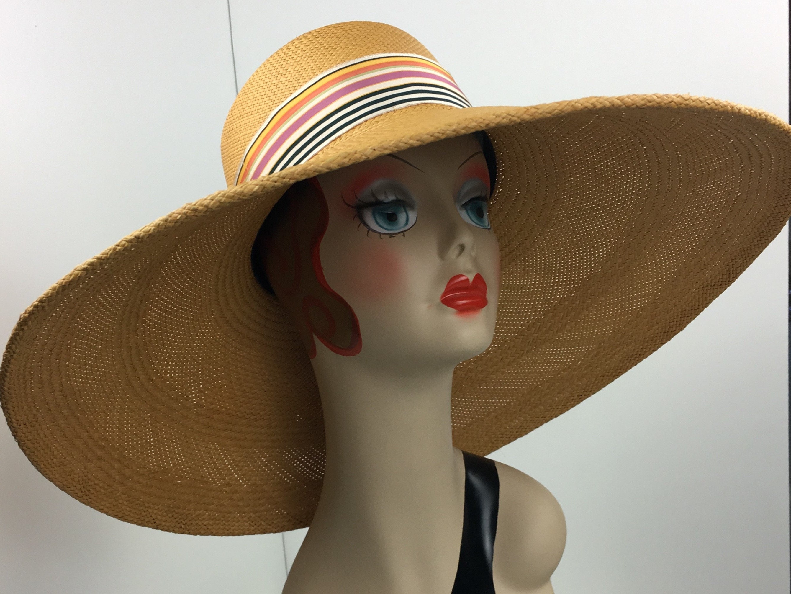 Panama Straw Hat Women Extra Wide Brim Gold Vintage Trim Sun Hat Garden  Party wedding Guest