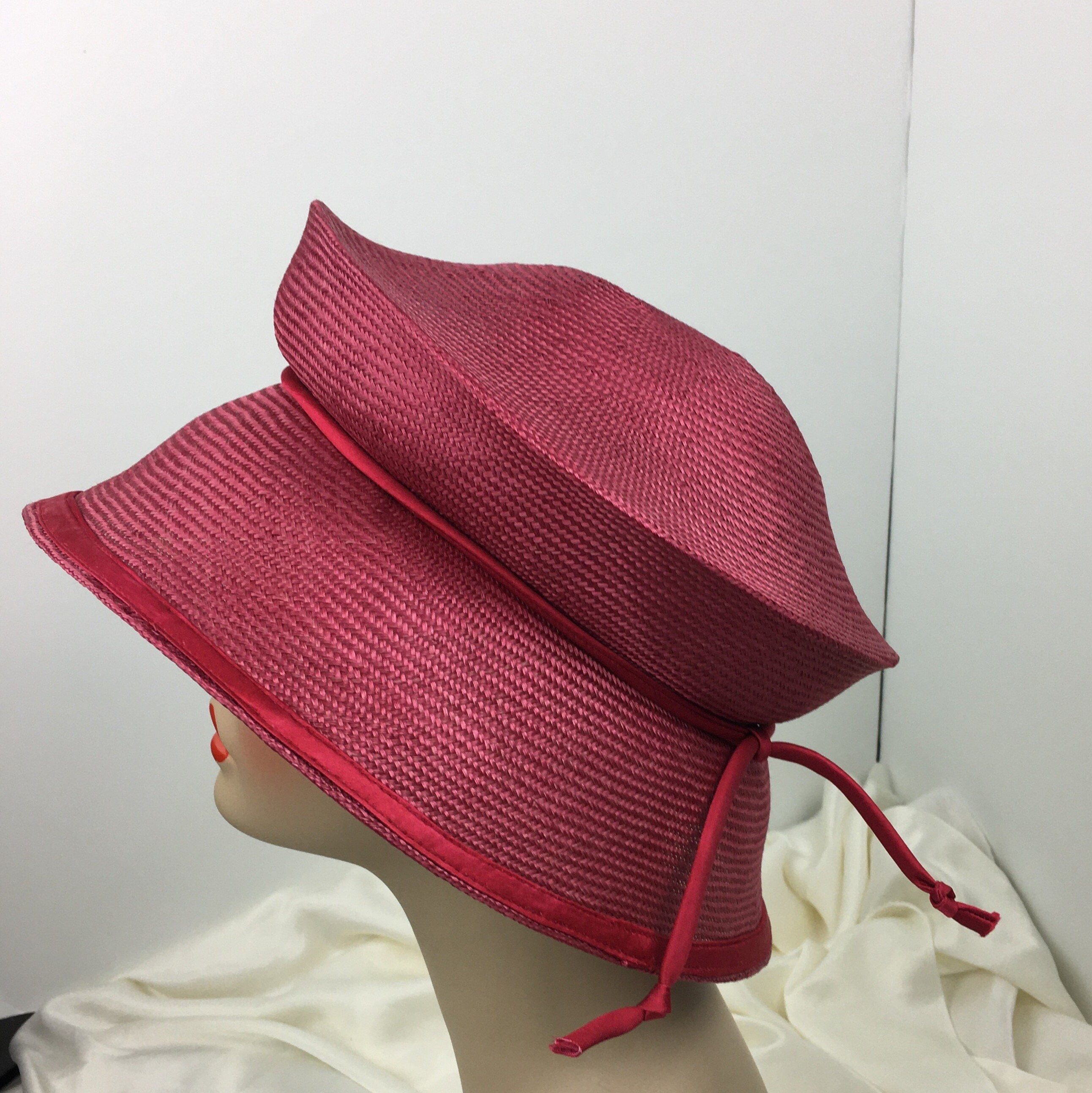 Fine Parasisal Straw Travel Hat Rosy Red Silk Trim Wide Brim