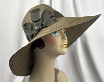 Wide Brim Sun Hat, Panama Straw, Olive Green, Handmade Millinery