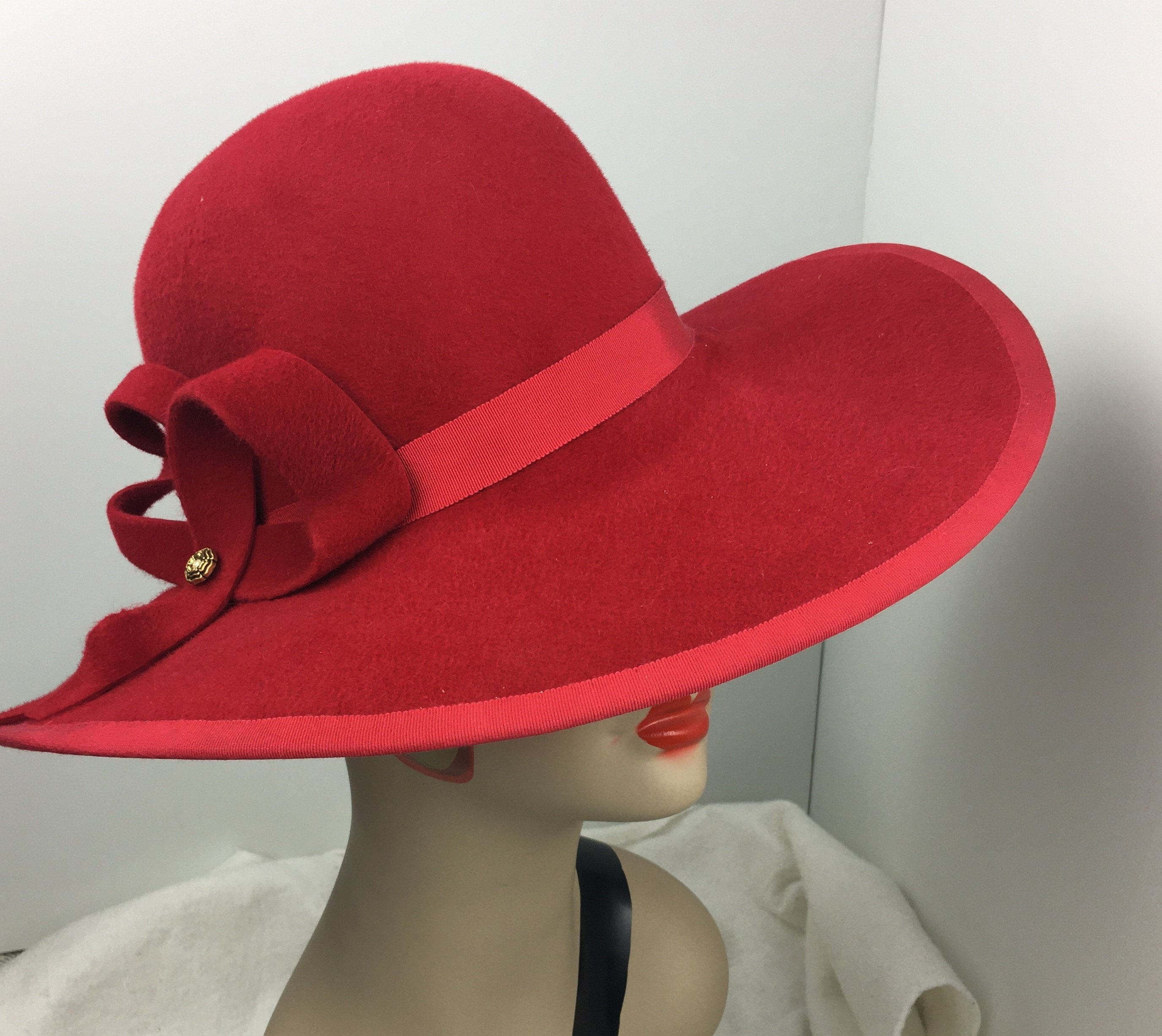 Woman's Velour Millinery Hat Large Brim Red Hand Sewn Vintage Look