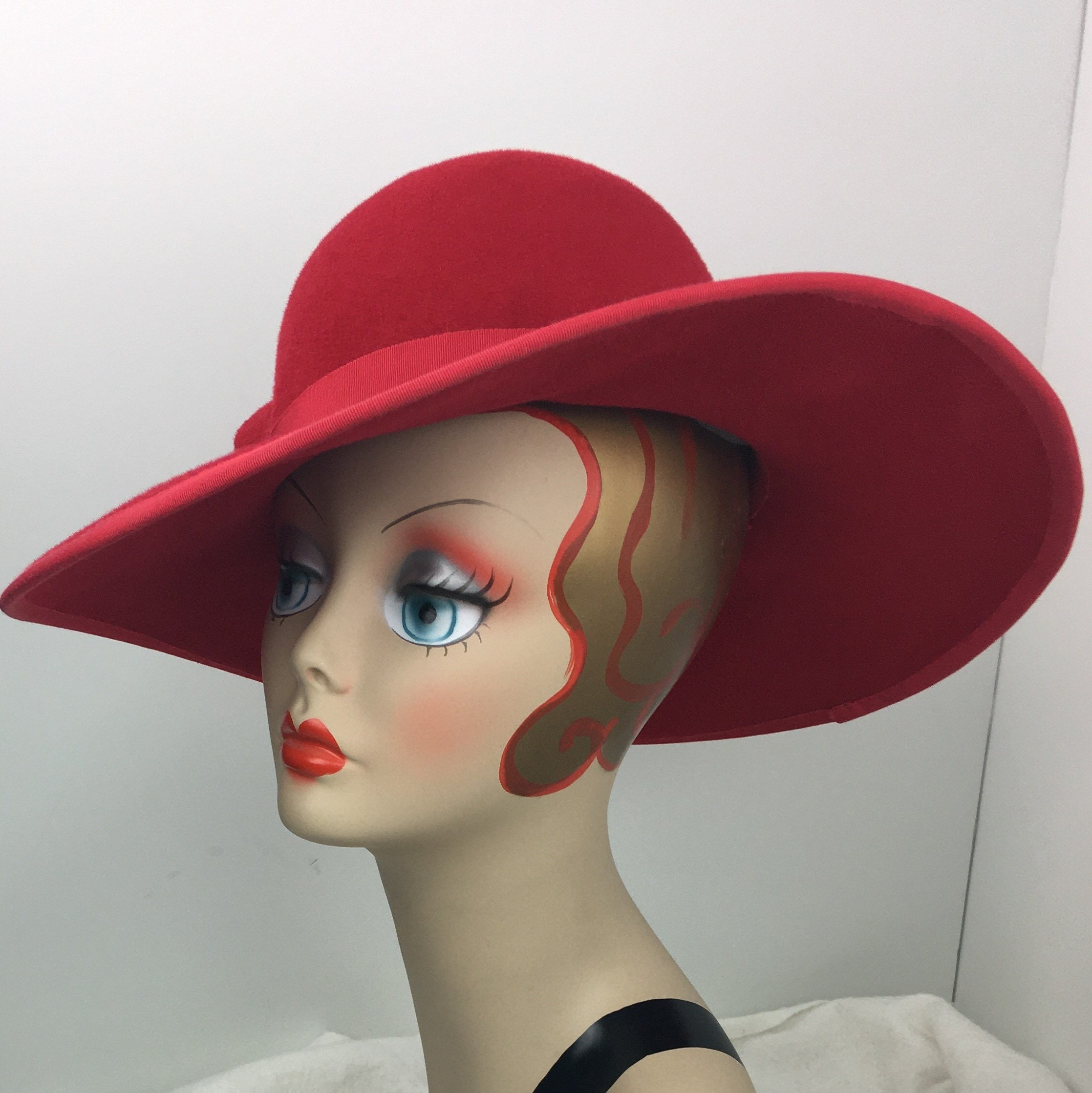 Woman's Velour Millinery Hat Large Brim Red Hand Sewn Vintage Look
