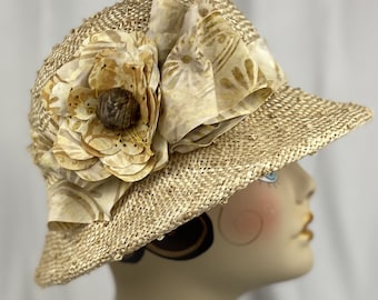 Spring Summer Cloche Hat, Natural Sisal Straw, Handmade, Small to Medium Size