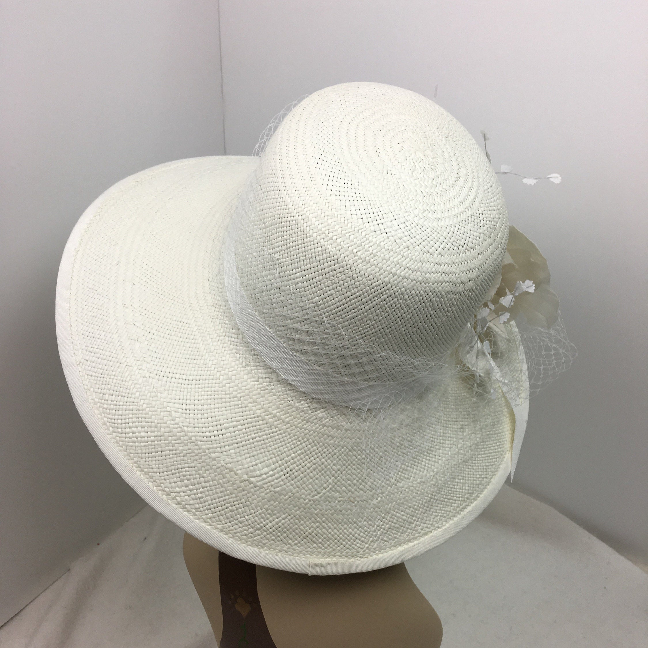 White Panama Straw Hat Woman's Hand Made 4 Brim Wedding Special Occasion