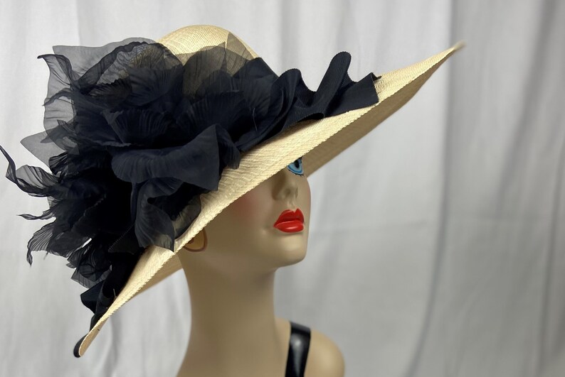 Fine Vintage Natural Straw for Derby Day, Handmade Hat, Black Trim and