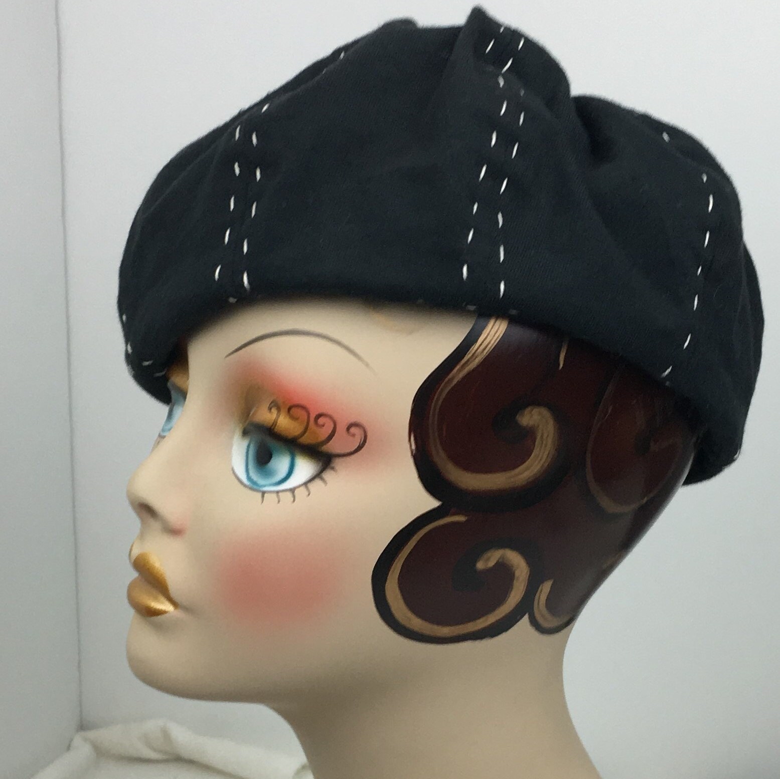 French Beret Organic Cotton Black and White Class ic 1930's Look Hand Stitched