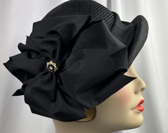 Black Cloche Hat,  1930s Style, Parasisal Straw, Handmade Millinery