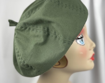 Green Cotton Beret, Organic Cotton, Fall Hat, Hand Stitched, Fits Most