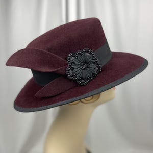 Handmade Boater Style Velour Felt Hat, Plum With Black, Fall Hat