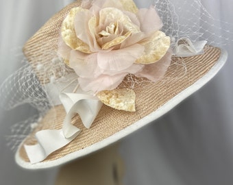 Parasisal Straw Hat, 1940s Style, Peach and White, Spring ,Summer Statement Hat, Handmade millinery