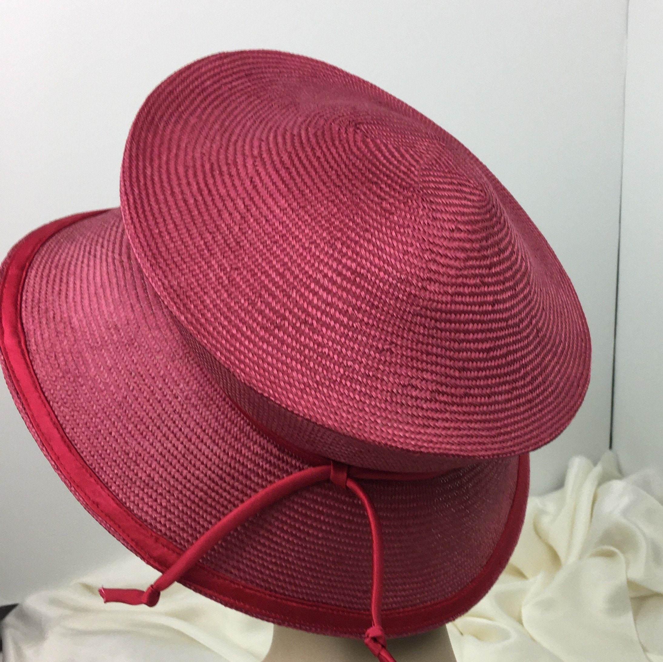 Fine Parasisal Straw Travel Hat Rosy Red Silk Trim Wide Brim