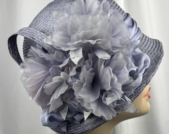 Cloche Hat, Blue Parasisal Straw, Wedding, Anniversary, Handmade Hat