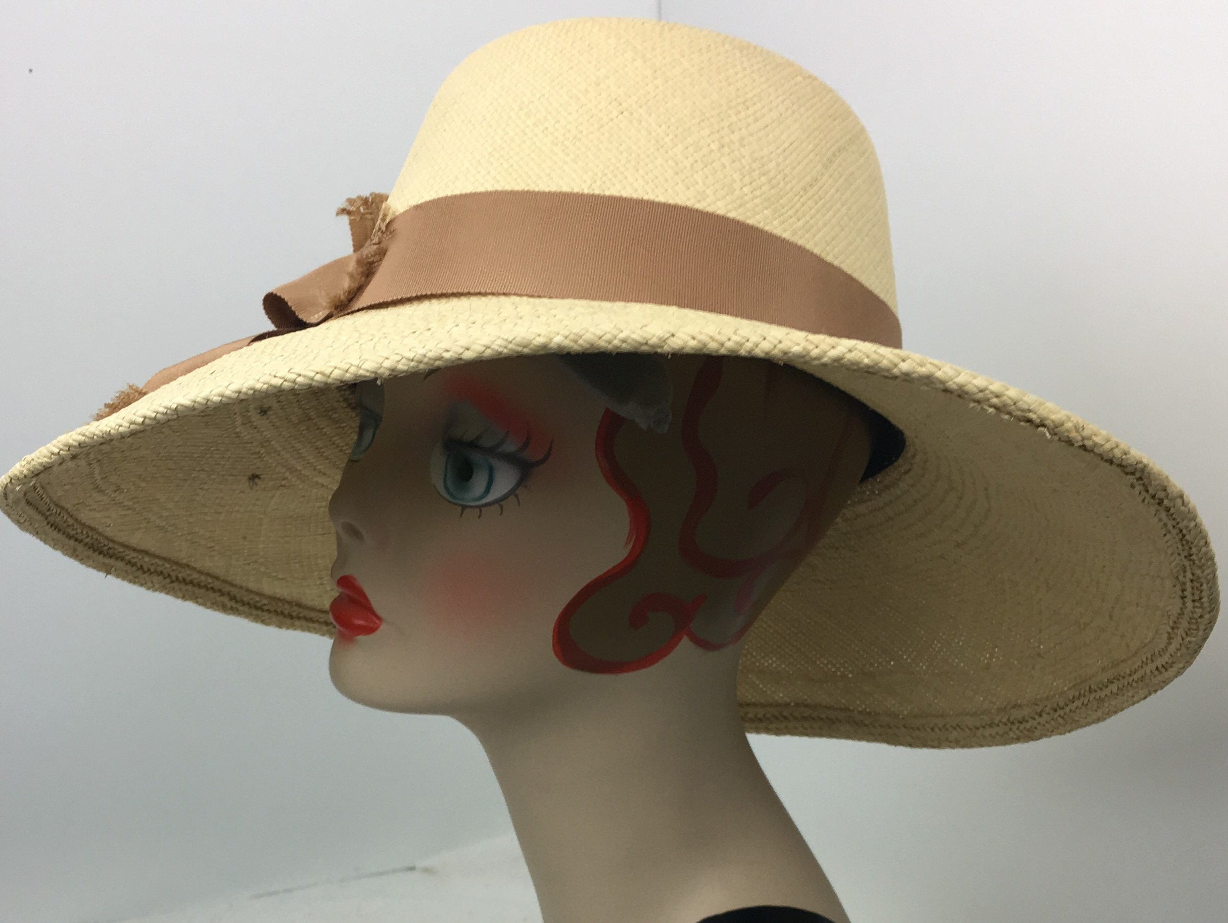 Panama Straw Hat Woman�s Natural Camel Trim Wide Brim