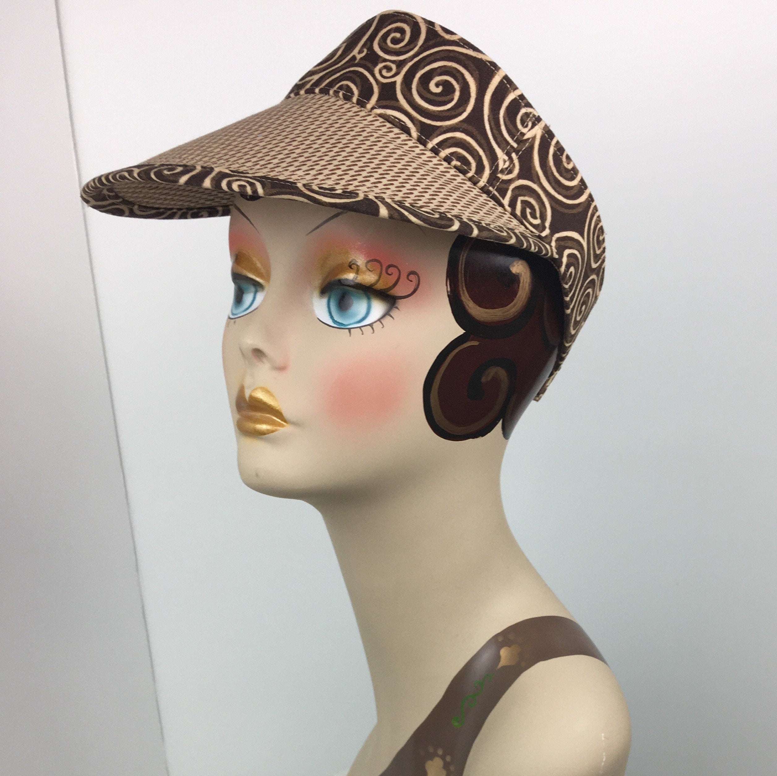 Cotton Visor Sun Hat Brown Print 