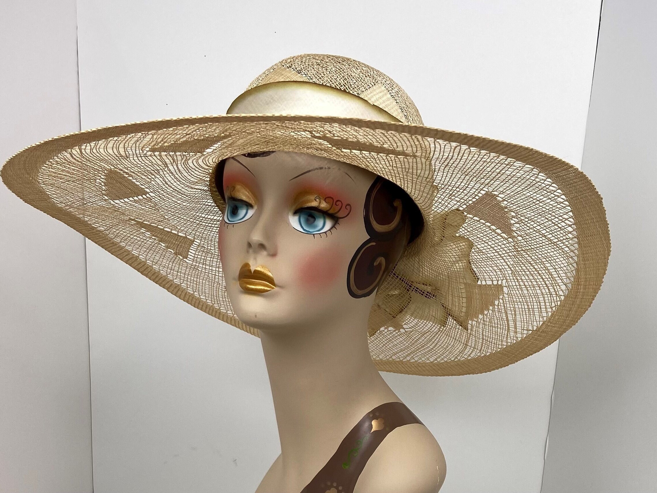 Lacy Open Weave Woman's Straw Hat Extra 6 Inch Brim Natural Color Silk Trim Collector Item