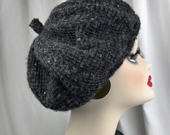 Sparkling Winter Beret, Black and Gray with Sequins, Handmade Hat