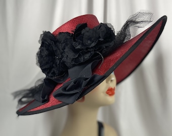 Wide Brim Formal Hat, Red with Black, Parasisal Straw Handmade Millinery