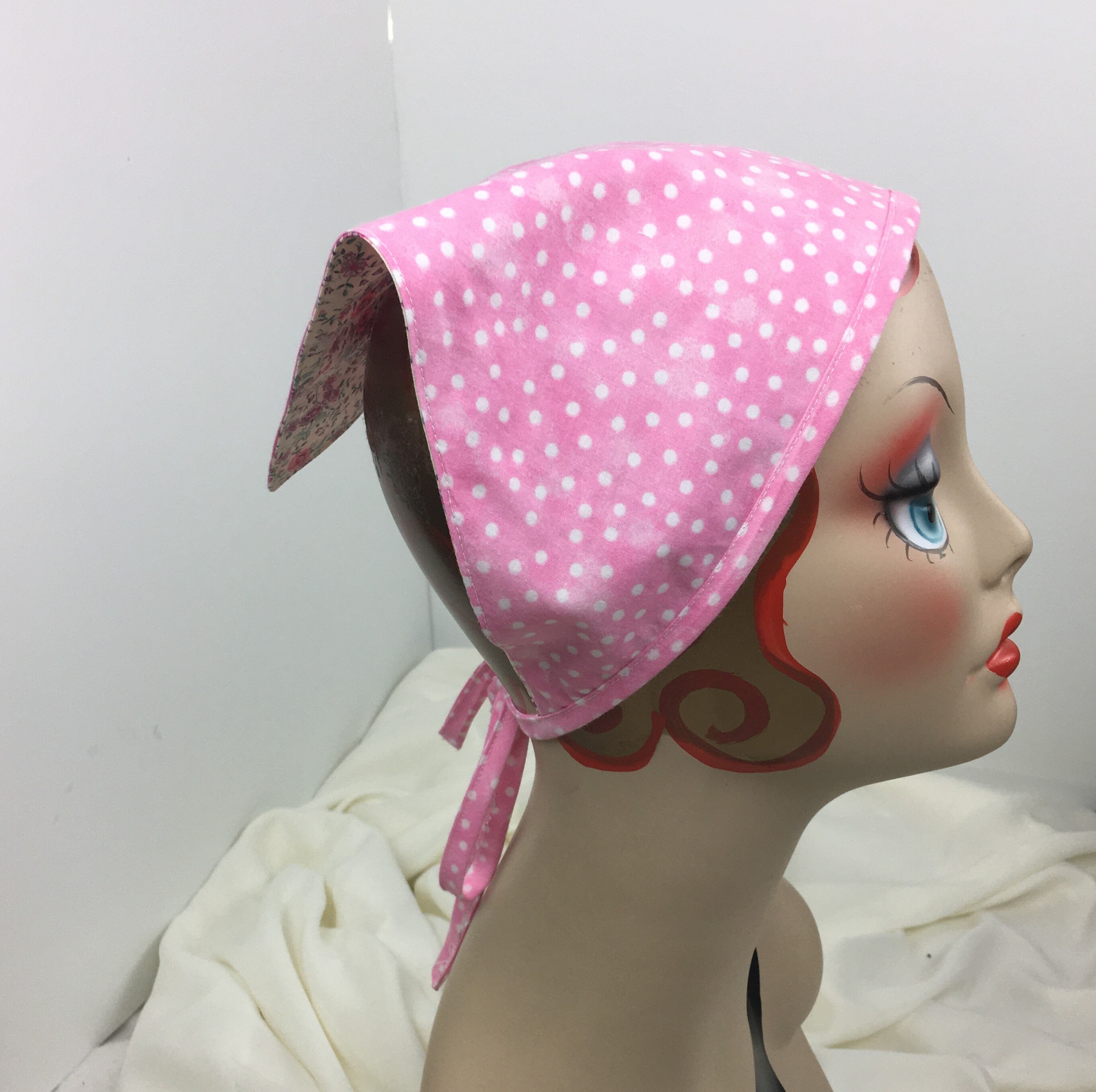 Small Head Scarf Triangle With Ties Reversible Flowers and Polka Dots