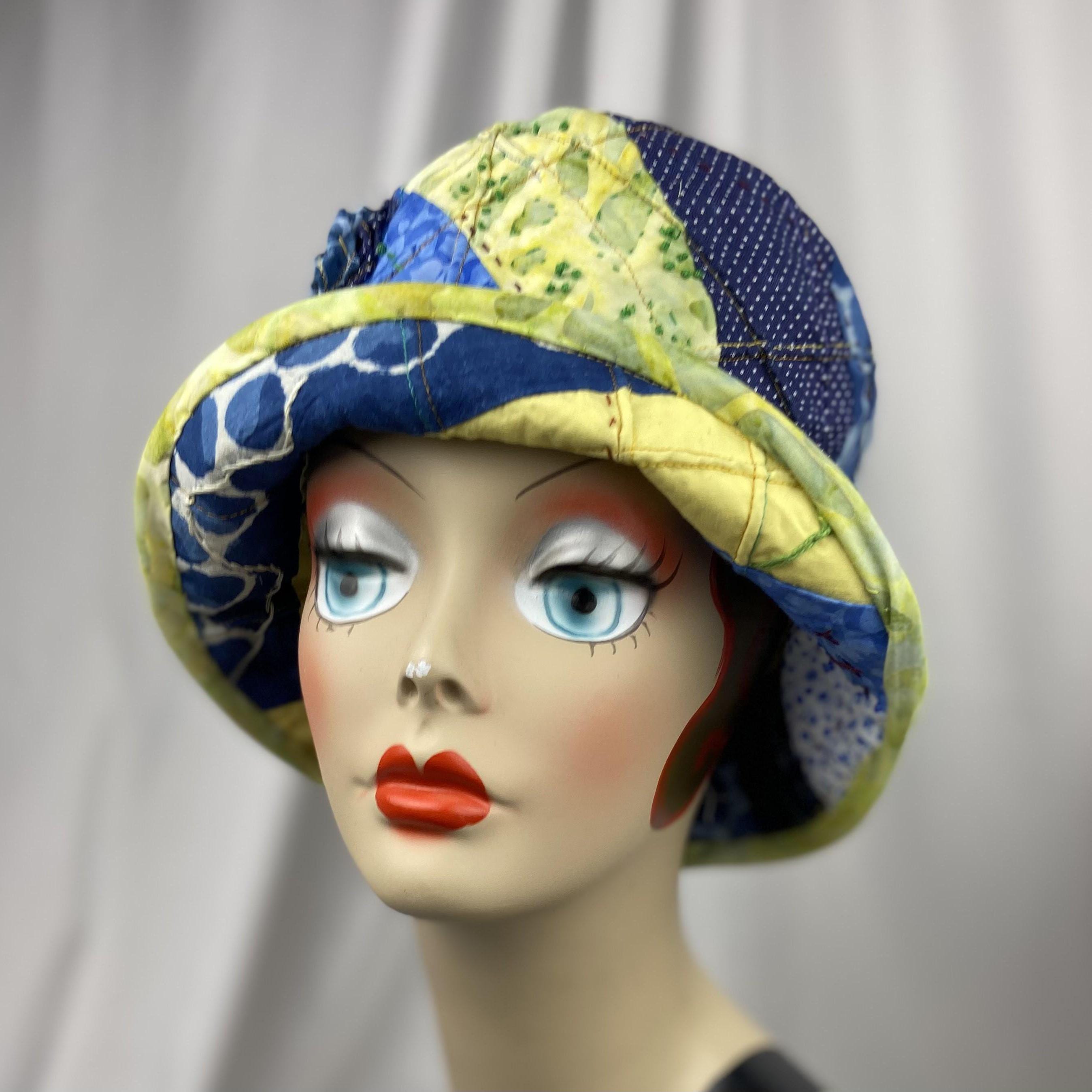 Cotton Collage Hat Bucket Hat Blue and Yellow Art to Wear