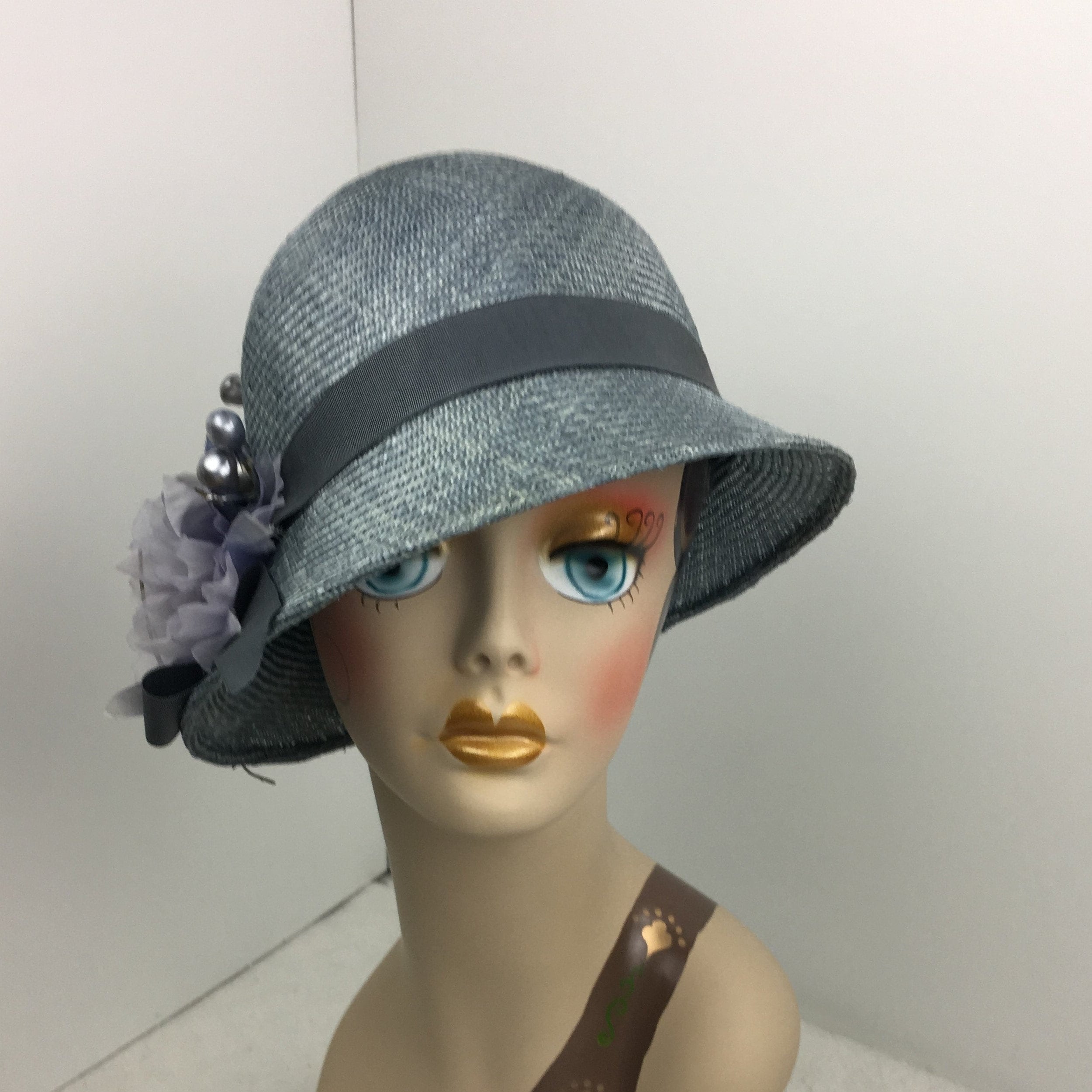 Parasisal Straw Cloche Hat Woman Blue 1920's Style Flapper Roaring 20's