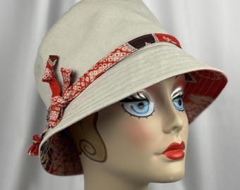 Cotton Cloche, Bucket Hat, Natural, Red Trim, Fits Most, Handmade Millinery