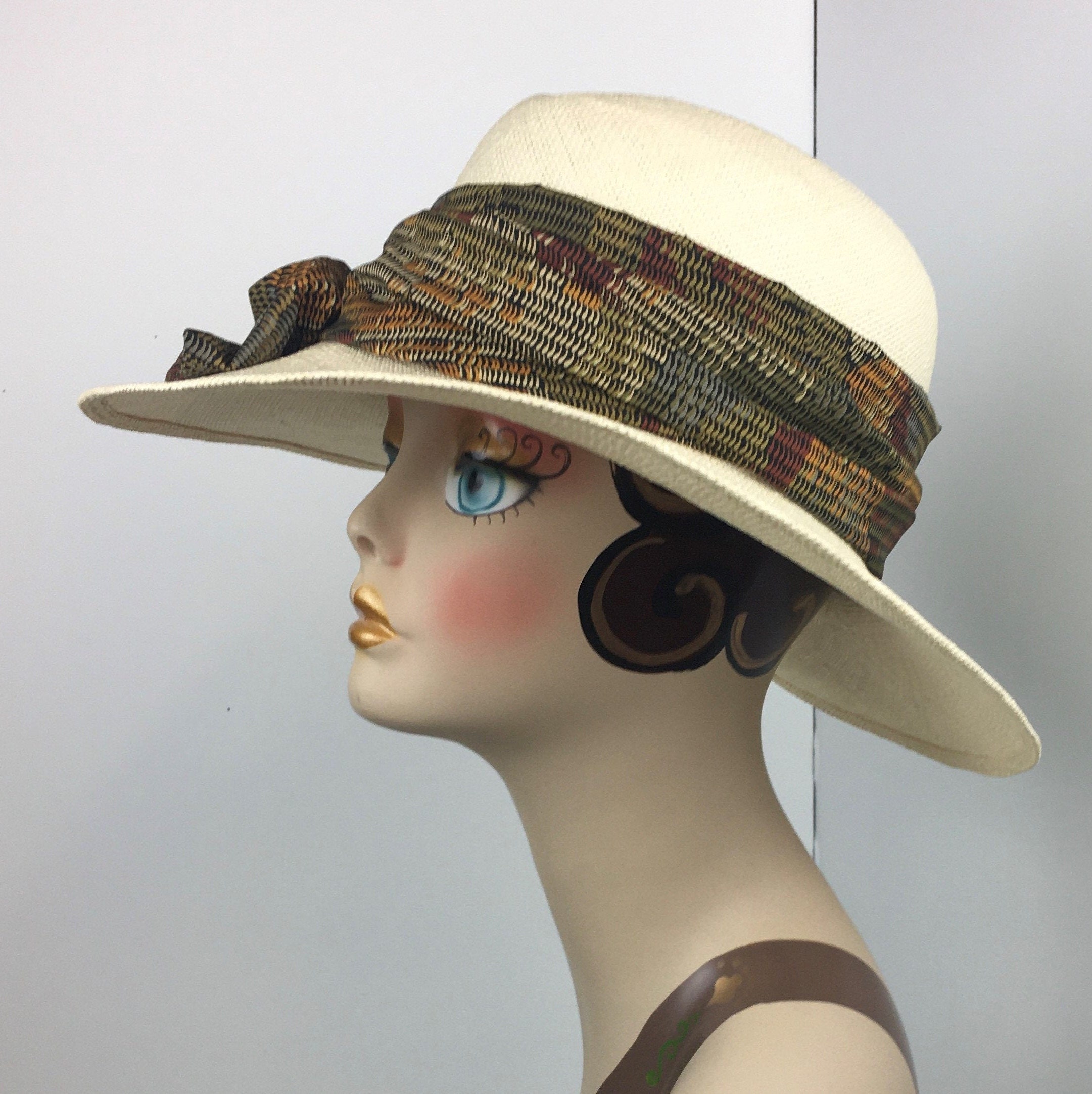 Handmade Straw Hat With Split Crown Wide Hatband in Autumn Colors
