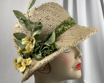 Spring Summer Cloche Hat, Natural Sisal Straw, Handmade, Small to Medium Size