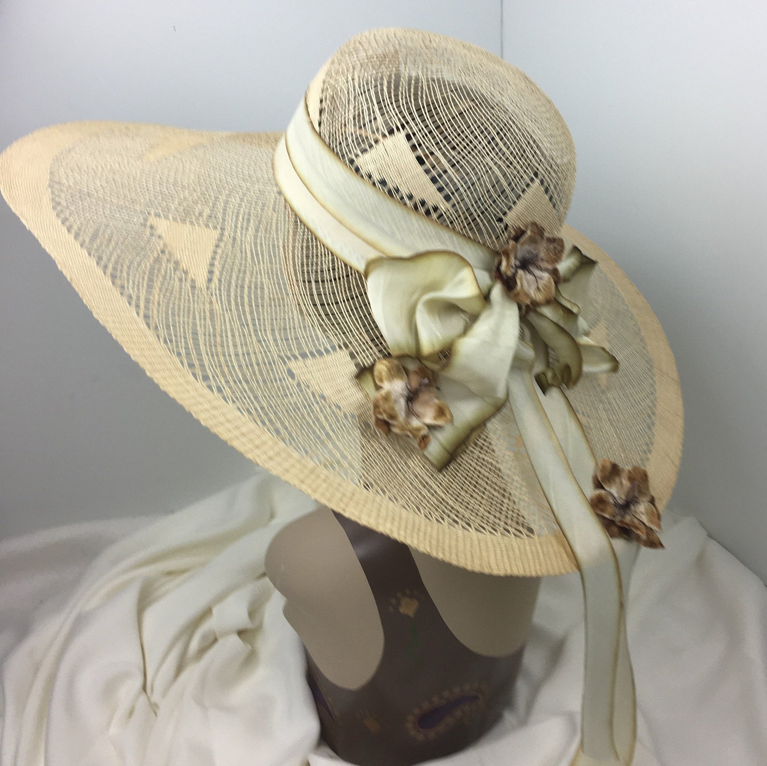 Lacy Open Weave Woman's Straw Hat Extra Wide Brim Natural Color Silk