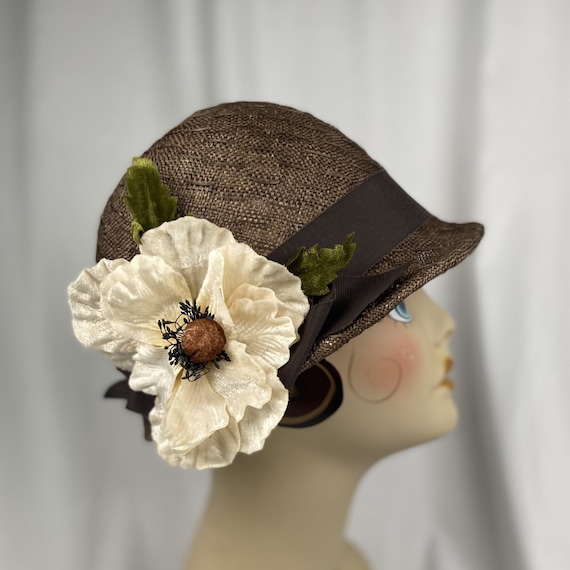 Cloche Hat, Textured Sisal Straw, Brown, Handmade, 1920s
