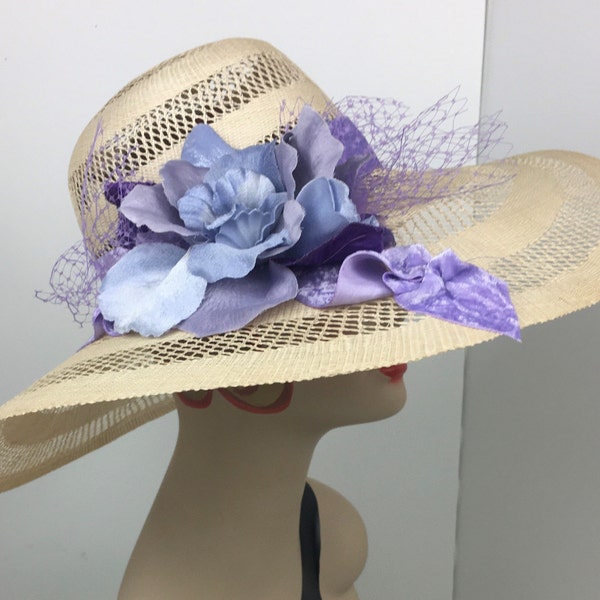 Straw Hat in Lacy Open Weave Vintage Straw,  Natural Color, Vintage Velvet and Silk Trim, Wedding Guest Mother of Bride