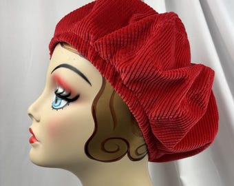 Oversized Red Beret, Corduroy,  3 Season Hat, Handmade Millinery