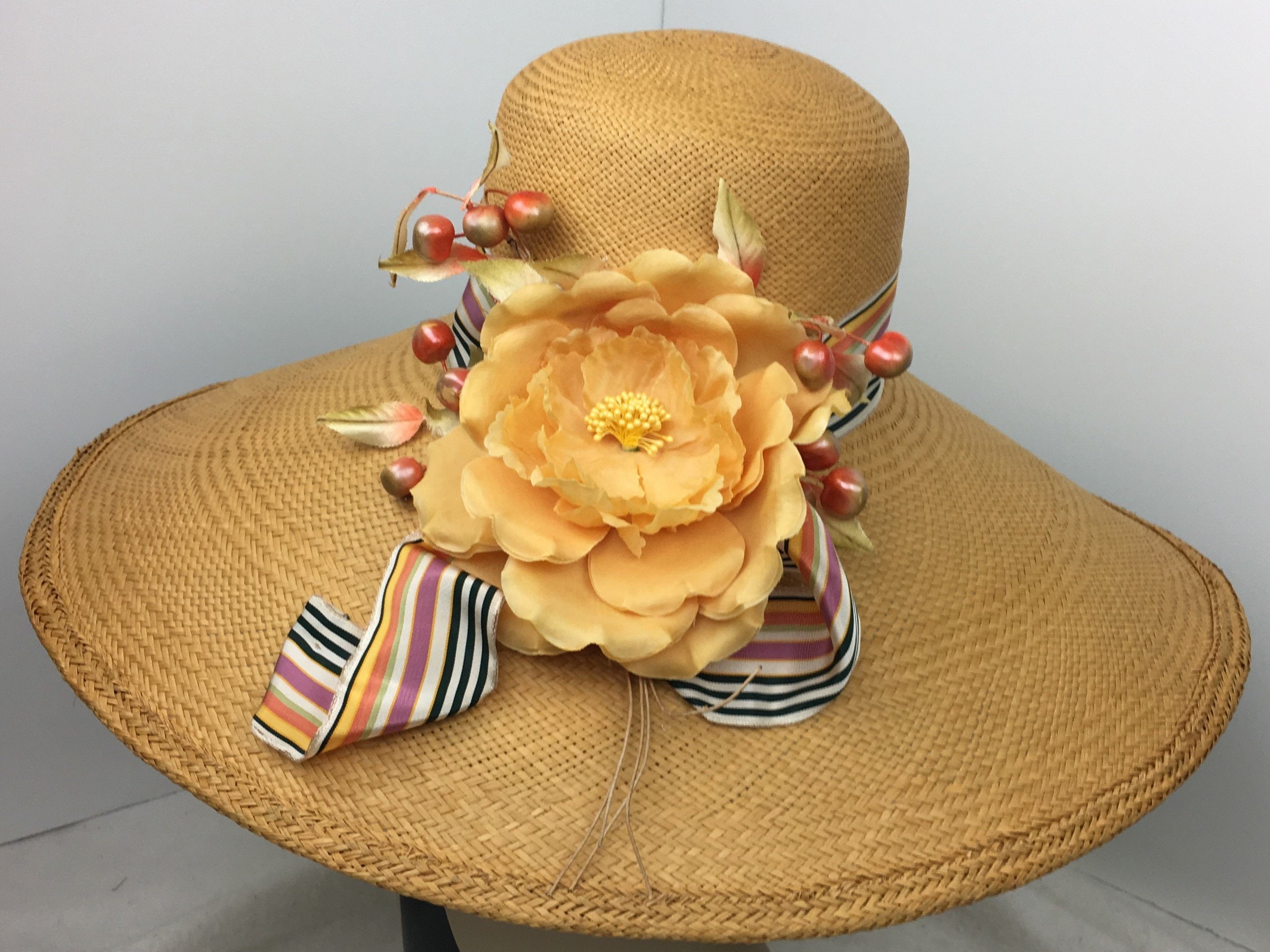Panama Straw Hat Women Extra Wide Brim Gold Vintage Trim Sun Hat Garden