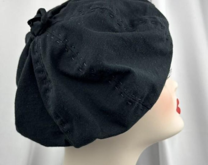 Featured listing image: Organic Cotton Knit Beret,  Black,  Hand Stitched,  1930's Look