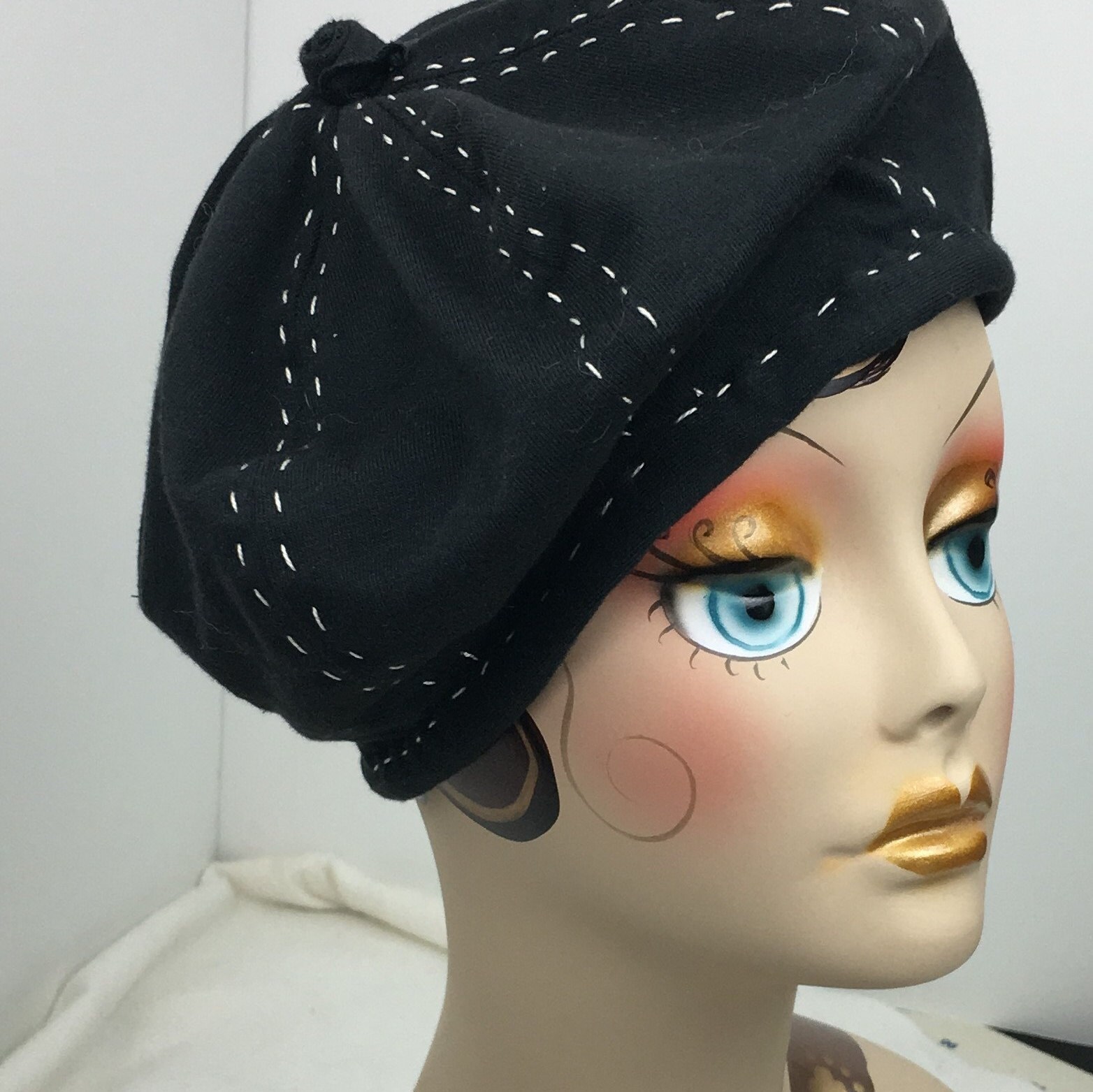 French Beret Organic Cotton Black and White Class ic 1930's Look Hand Stitched