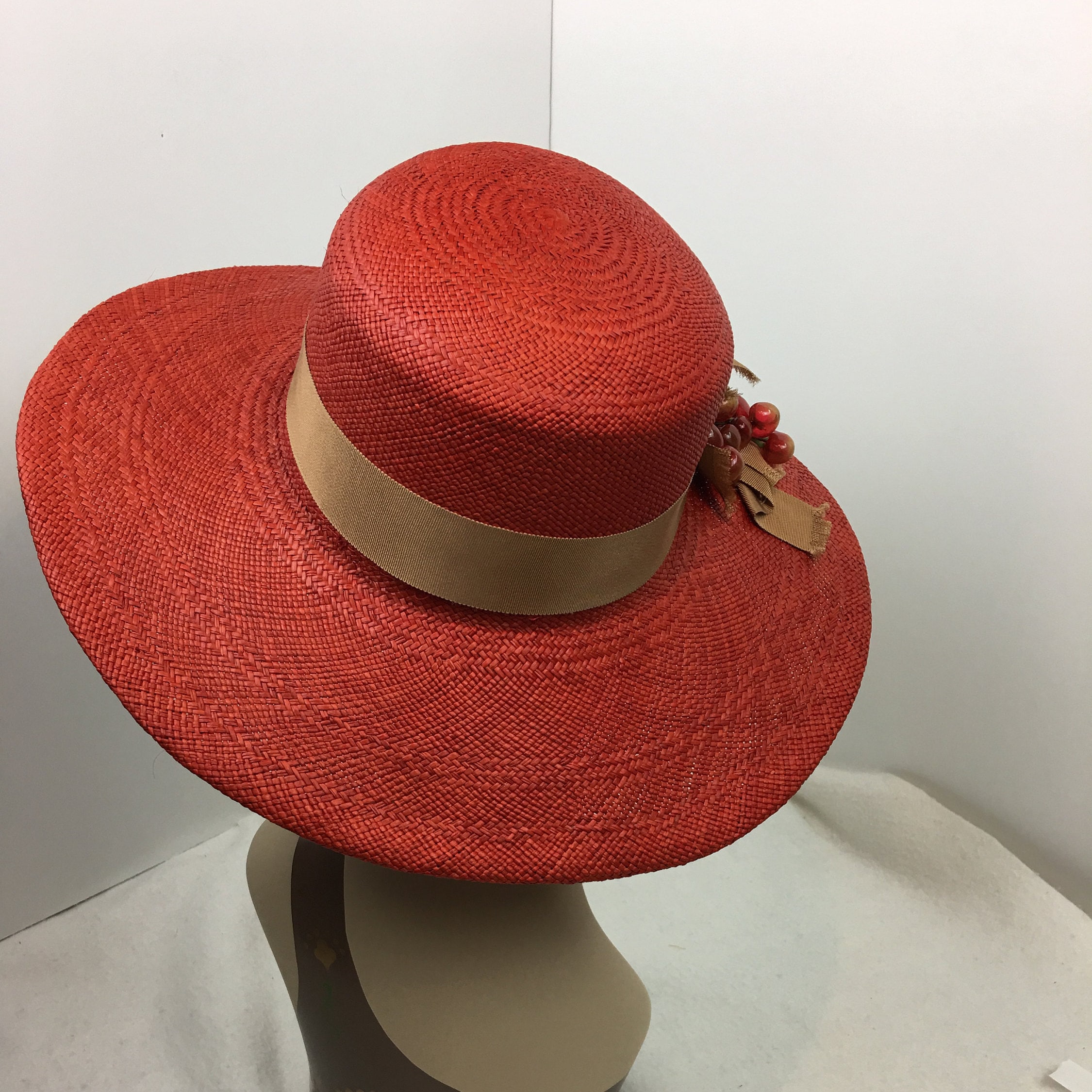 Panama Straw Hat Wide Brim Tomato Red Womans Vintage Trim