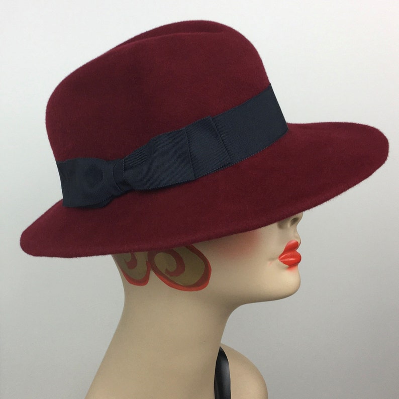 Agent Peggy Carter Costume, Dresses, Hats Handmade Womans Fedora Hat Velour Felt Cranberry Navy Medium Classic Vintage Look Soft Brim $145.00 AT vintagedancer.com