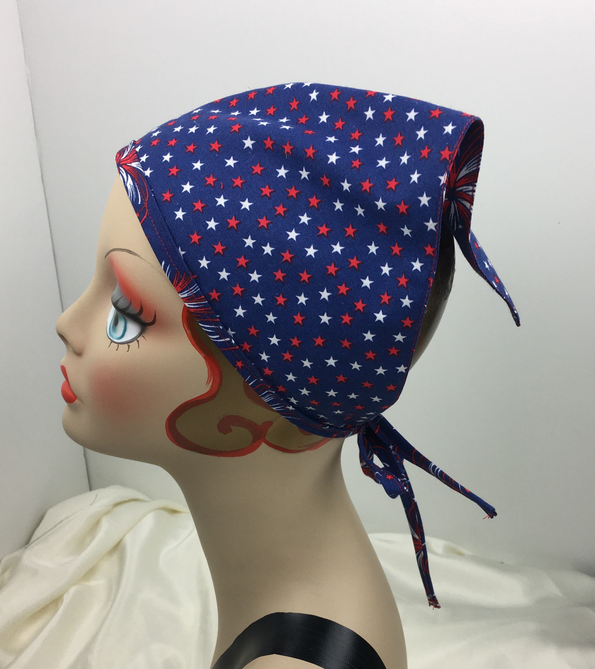 Woman's Cotton Kerchief Scarf July 4th Small Size 1960's Look Reversible
