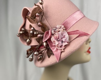 Pink Cloche Hat, 1920s Style, Blush Pink, Wool Felt, Handmade Millinery