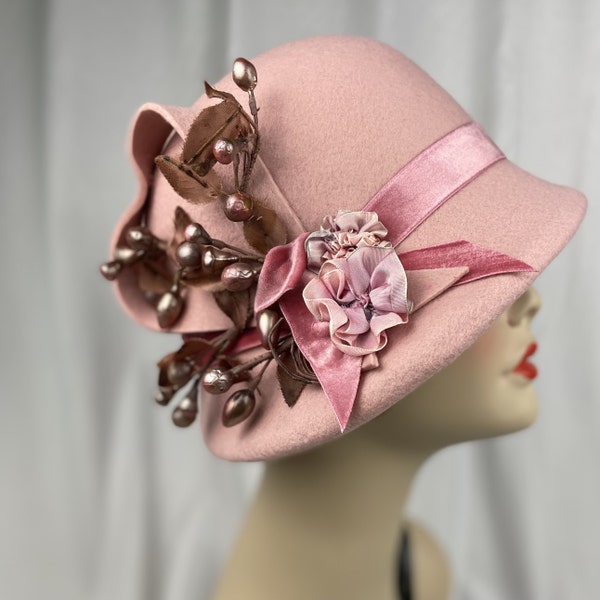 Pink Cloche Hat, 1920s Style, Blush Pink, Wool Felt, Handmade Millinery