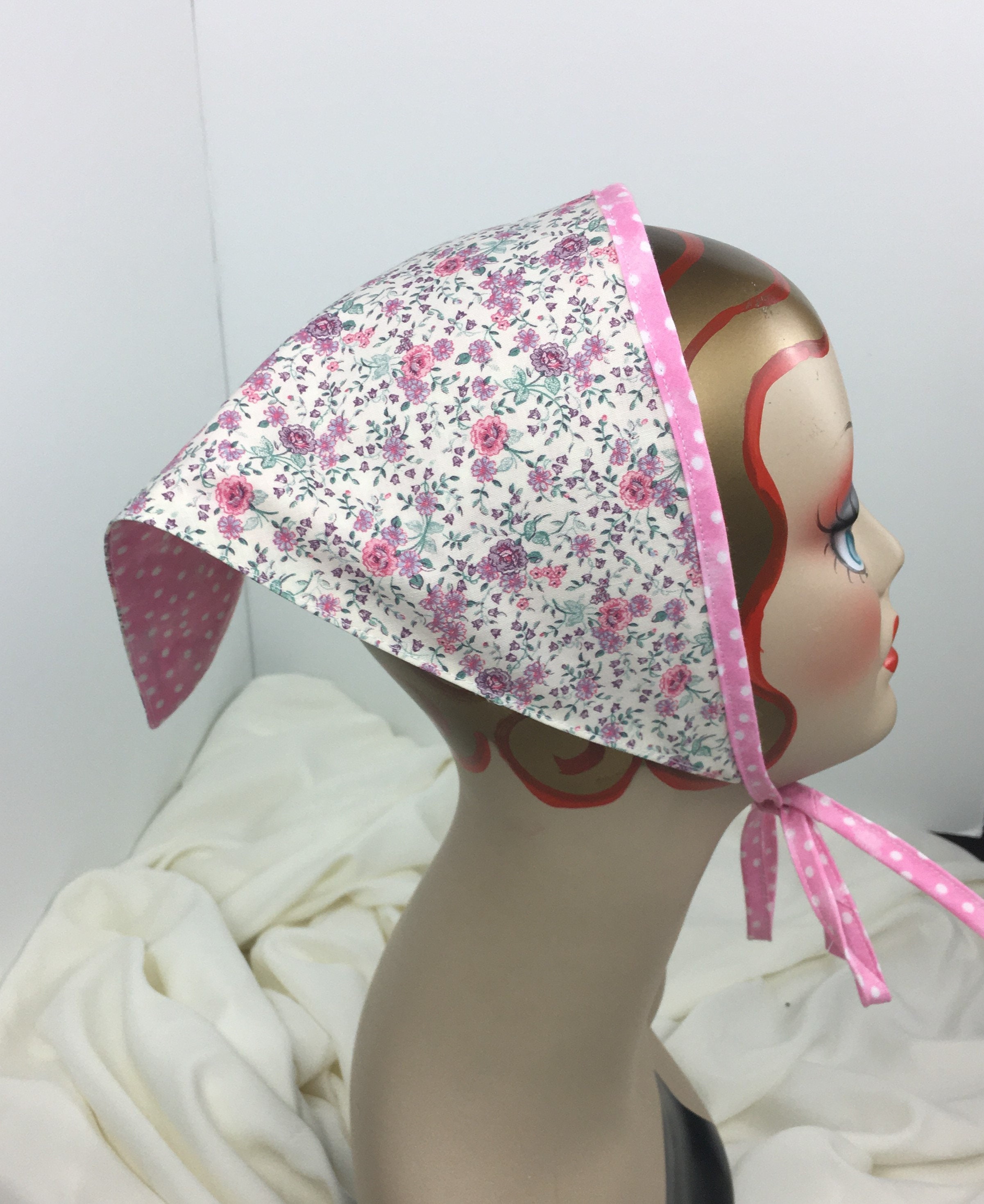 Small Head Scarf Triangle With Ties Reversible Flowers and Polka Dots