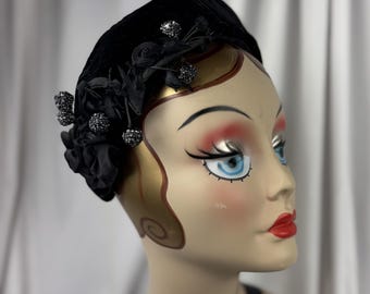 Formal  Black Velvet Headband with Vintage Spray, Handmade Millinery