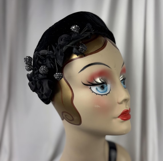 Formal  Black Velvet Headband with Vintage Spray, Handmade Millinery