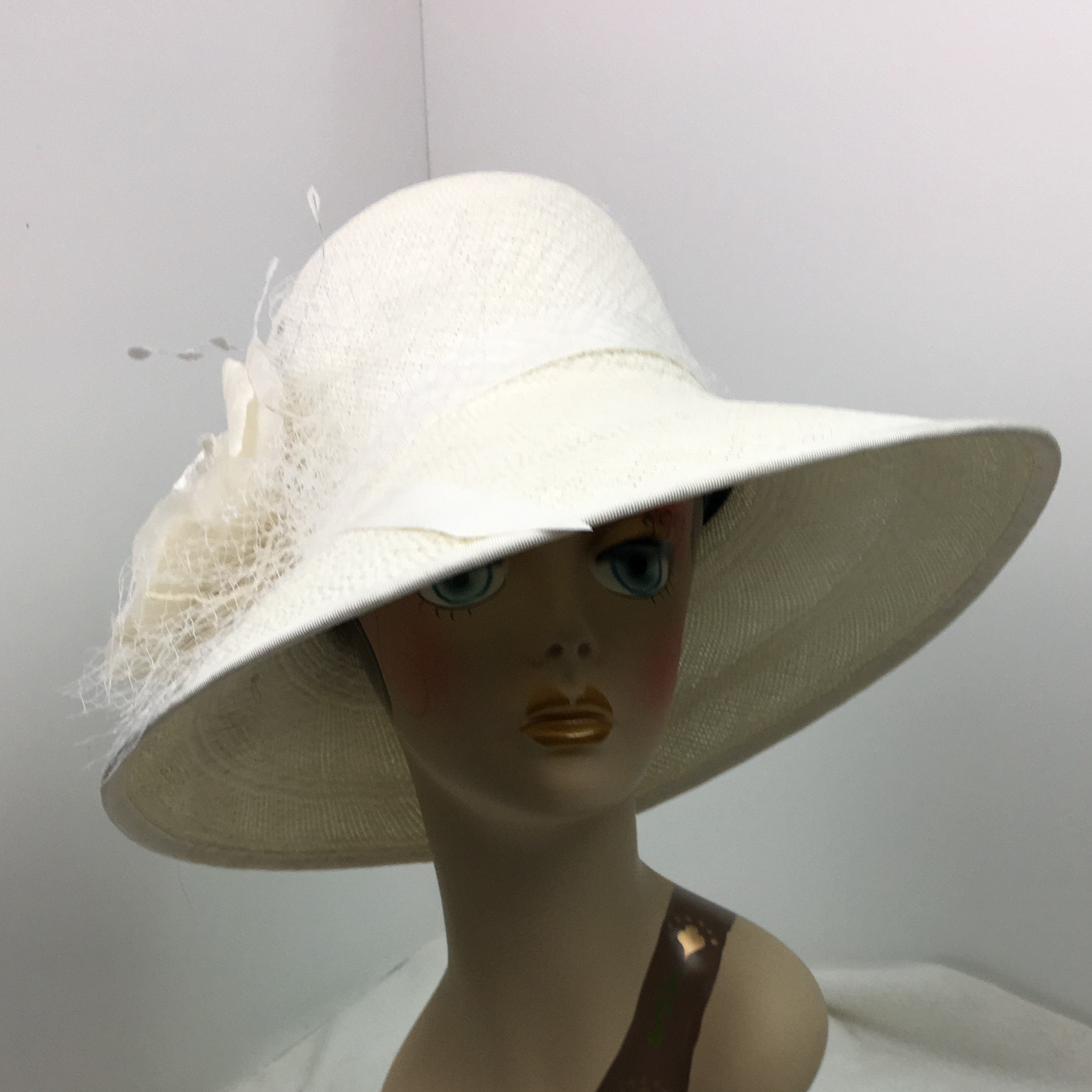 White Panama Straw Hat Woman's Hand Made 4 Brim Wedding Special Occasion