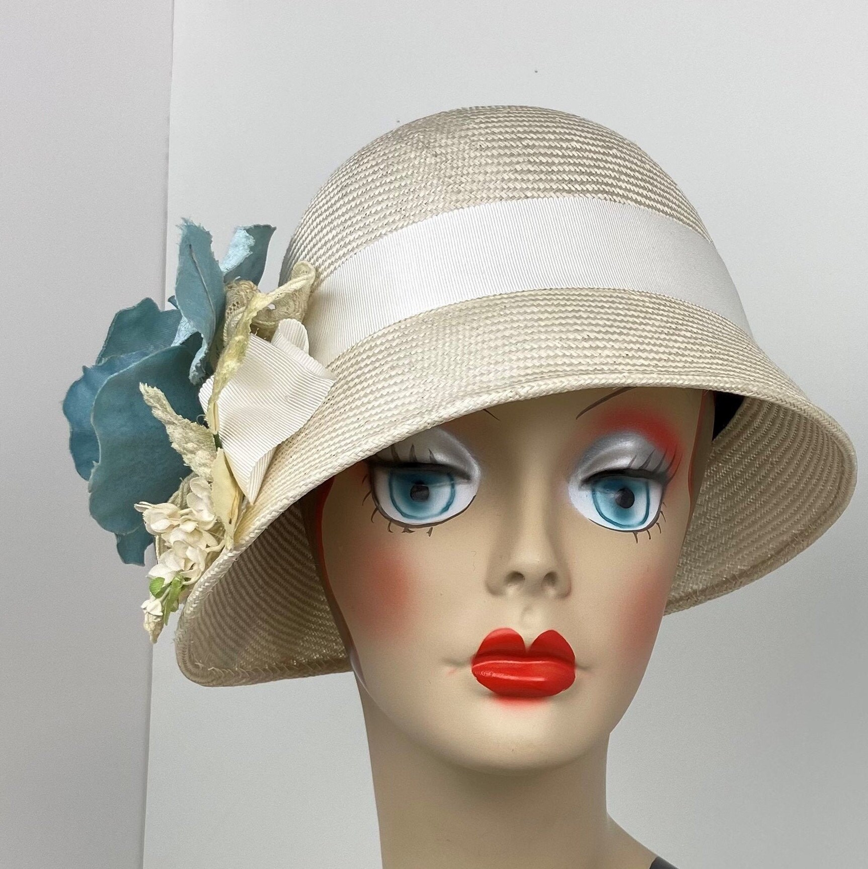 Womens Handmade Cloche Hat Parasisal Straw White Vintage Trim Aqua ...