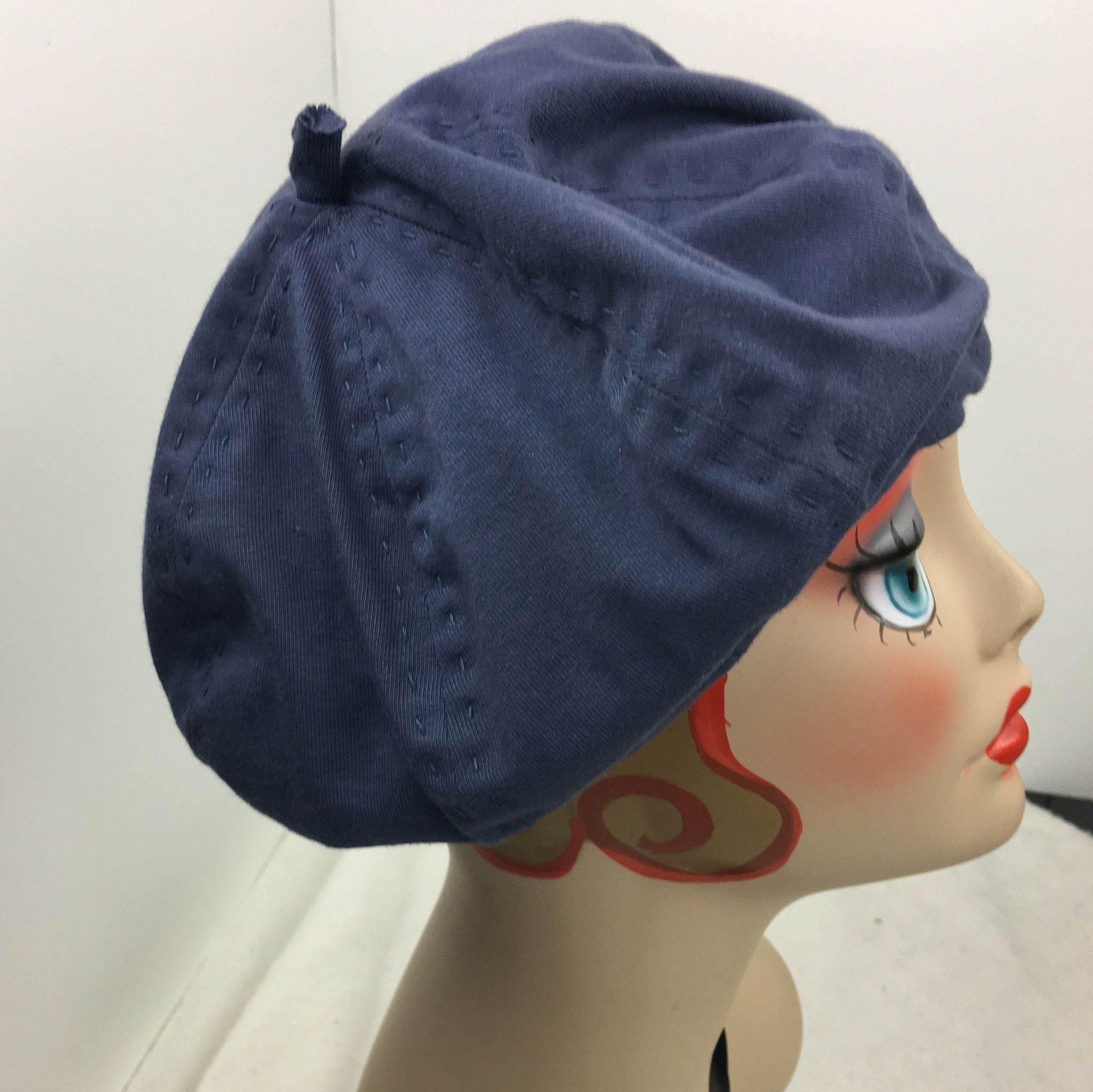 Classic Beret Organic Cotton Blue Woman's 1930's Look Reversible Hand