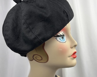 Black Linen Beret, Dressy Casual, Hand Stitched, Handmade Hat