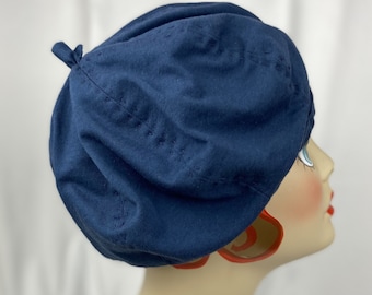 Boina de punto de algodón hecha a mano, reversible, azul pavo real, sombrerería artesanal