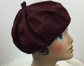 Woman's Beret Hand Stitched Organic Cotton Reversible Washable Knit Light Weight Berry Dark Red