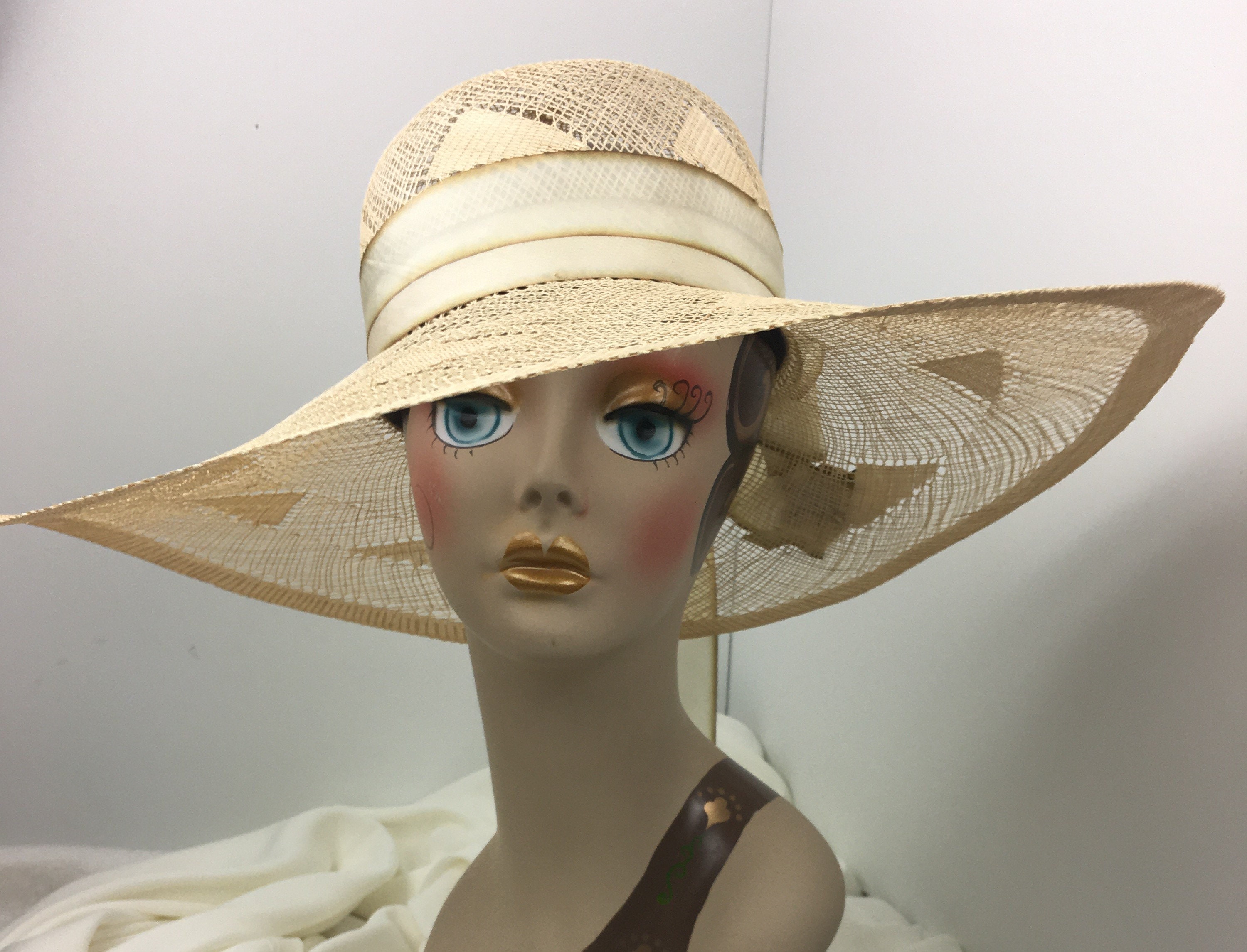 Lacy Open Weave Woman's Straw Hat Extra Wide Brim Natural Color Silk ...