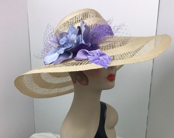 Vintage Open Weave Straw Hat: Velvet & Silk Lavender Floral Trim